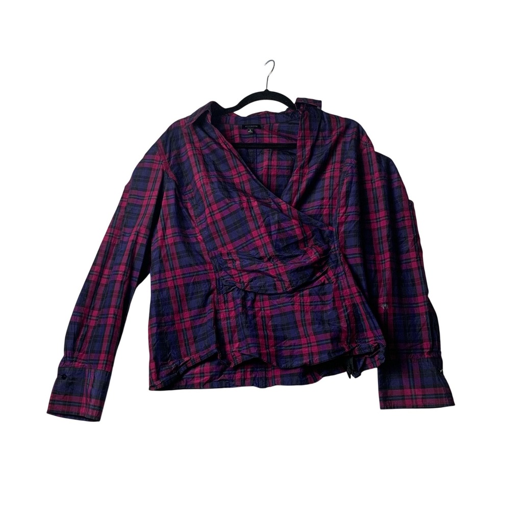 Talbots Silk Cotton Plaid Wrap Blouse Purple Pink Size 16 Side Zip Surplice Top